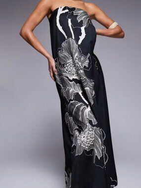 ASOS Bandeau Trapeze Satin Maxi Dress Black Oversized Floral Print Size 12 NWT